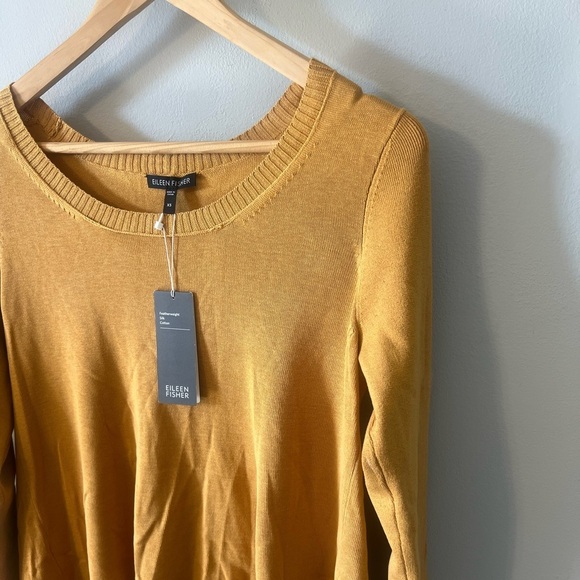 BNWT Eileen Fisher Splitback Scoop Neck Cotton Silk Sweater Top Size XS Ochre - Picture 2 of 10